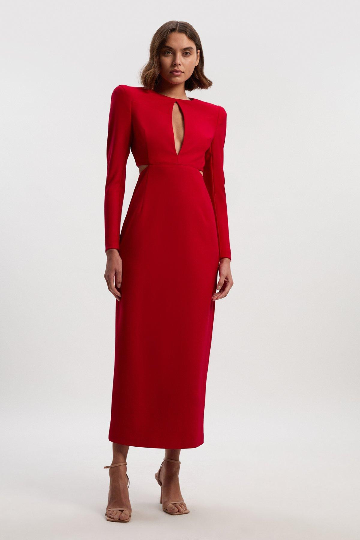 Scuba Crepe Plunge Mesh Paneled Maxi Dress | Karen Millen US