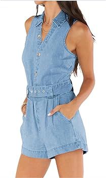 PLNOTME Women's Sleeveless Denim Rompers Summer Button Down Belted Jeans Short Jumpsuits | Amazon (US)
