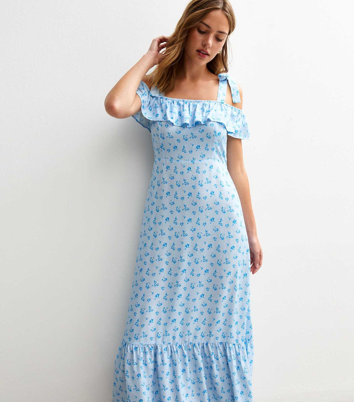 Blue Floral Print Tie Shoulder Ruffled Midi Dress | New Look | New Look (UK)