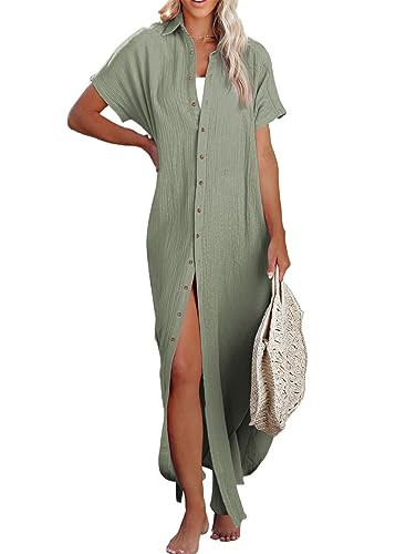 Herseas Vacation Outfits for Women Beach Vacation Short Sleeve Button Down Dress Side Split Long Kimonos Cardigans Loose Swimsuit Cover Ups for Swimwear Green Large 12 14 | Amazon (US)