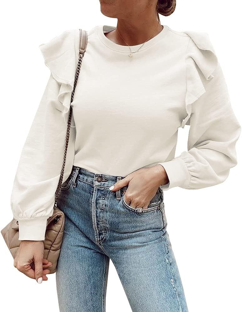 Zwurew Women's Casual Ruffle Shoulder Hoodies Long Sleeve Lightweight Sweatshirts Cute Soild Colo... | Amazon (US)