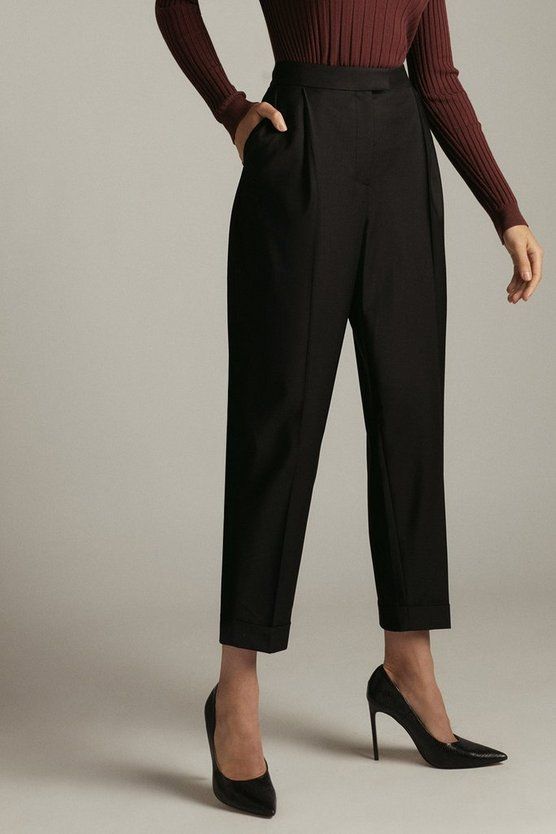 Stretch Wool Blend Tapered Turn Up Trouser | Karen Millen UK & IE