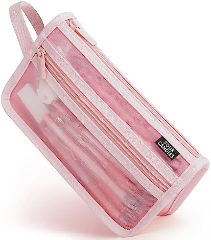 Four Candies Grid Mesh Pencil Case, Clear Double-layer with Handle (Pink) | Smooth Zipper, Transp... | Amazon (US)