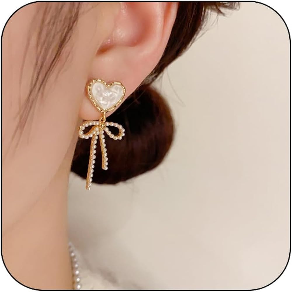 Bow Earrings Gold for Women, 14K Gold Plated Bowknot Dangle Drop Heart Stud Opal CZ Pearl Ribbon ... | Amazon (US)