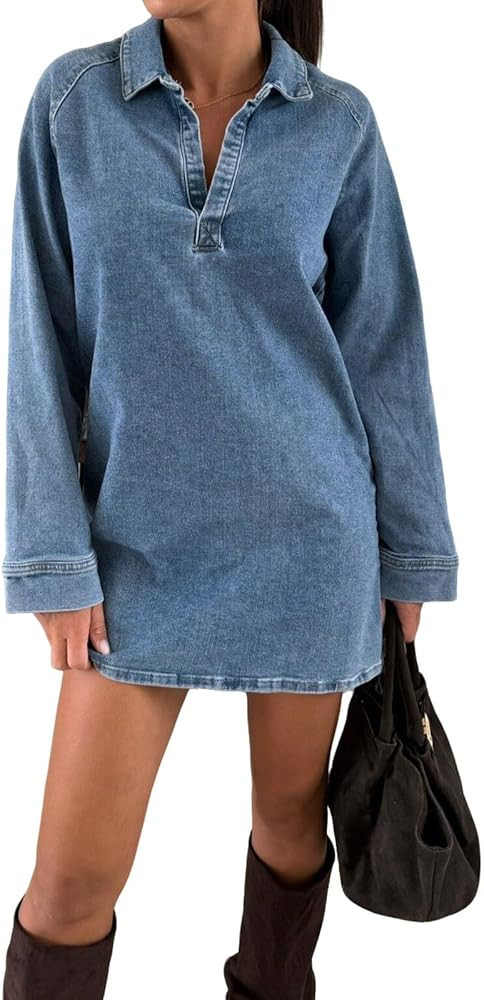 Ru Sweet Womens Denim Shirt Dress Fall Winter Long Sleeve Collared V Neck Mini Casual Jean Dress | Amazon (US)