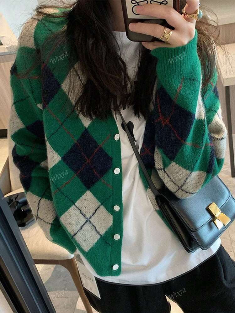 Casual V-Neck Retro Diamond Plaid Knit Cardiagn,Long Sleeve Tops | SHEIN