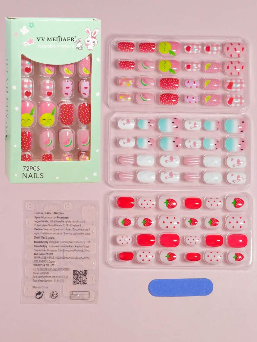 VV MEI JIA ER 3Packs(72Pieces-Strawberries/Flamingos/Oranges)Cute Design Small Size Press On Nail... | SHEIN