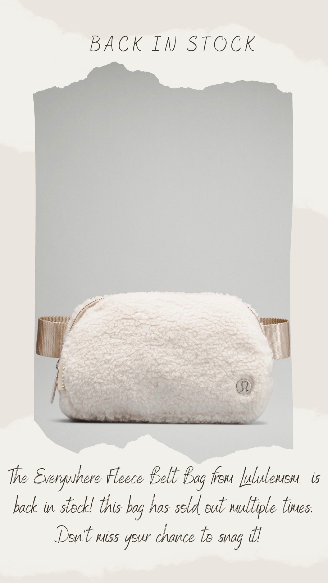 Back in Stock! The Everywhere Fleece Belt Bag from Lululemon in the natural ivory/trench color! The link picture shows black but I just ordered the ivory color! 

#LTKfit #LTKSeasonal #LTKitbag