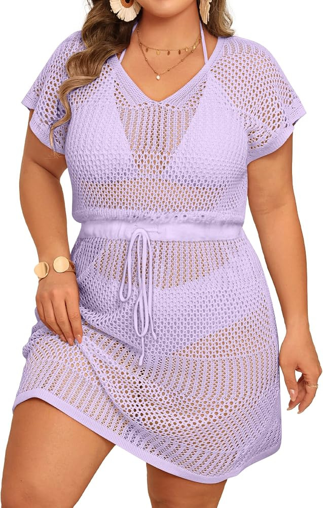 Plus Size Swimsuit Cover Up for Women-Crochet Beach Dress V Neck Tie Waist Bathing Suit Cover Up | Amazon (US)