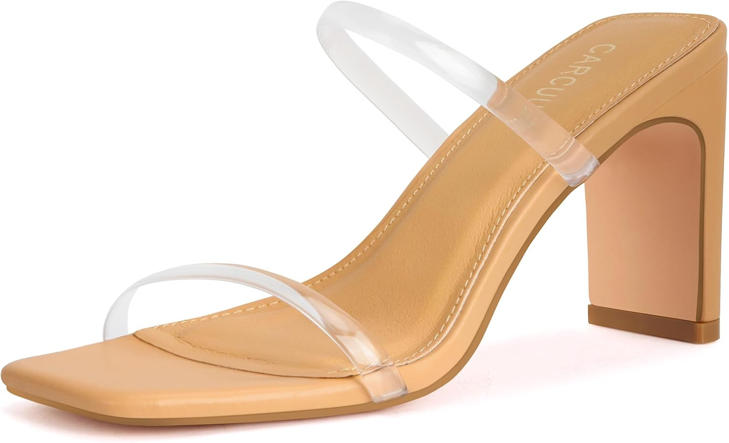 Carcuume Women's Square Toe Two Strap Open Toe Block Heels Sandals Slip On Shoes | Amazon (US)