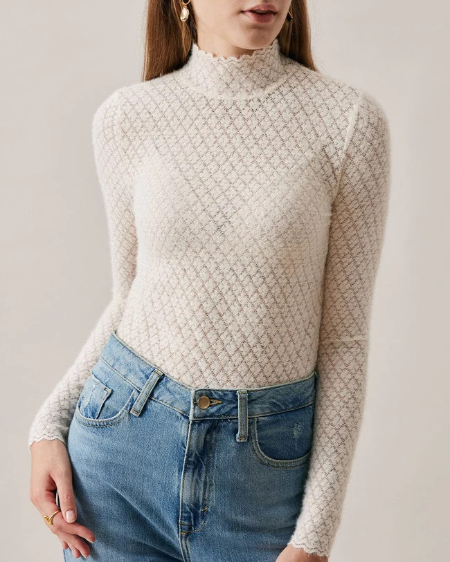 The Floral See Through Knitwear - Women's Long Sleeve Stylish High Neck Knitwear, Black See Throu... | rihoas.com