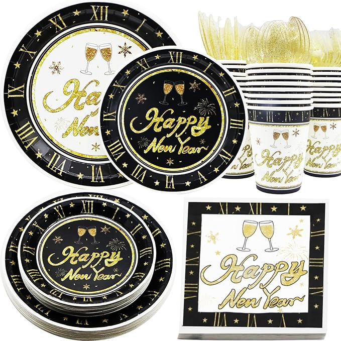 New Year Party Supplies Serves 25, New Year Disposable Dinnerware Set, Happy New Year Plates and ... | Amazon (US)
