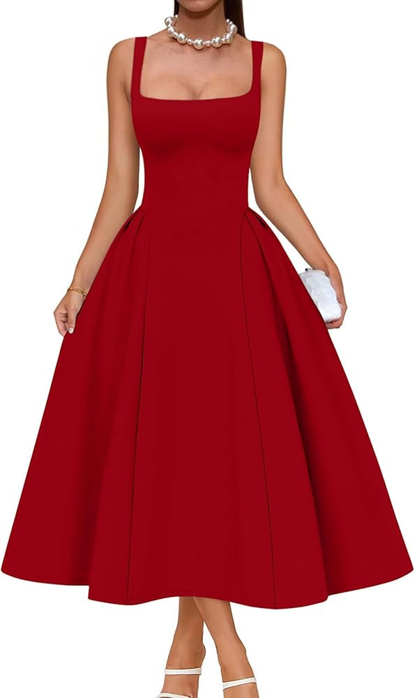 Memoriesea Women's Elegant Square Neck Swing A Line Wedding Evening Party Midi Dress | Amazon (US)