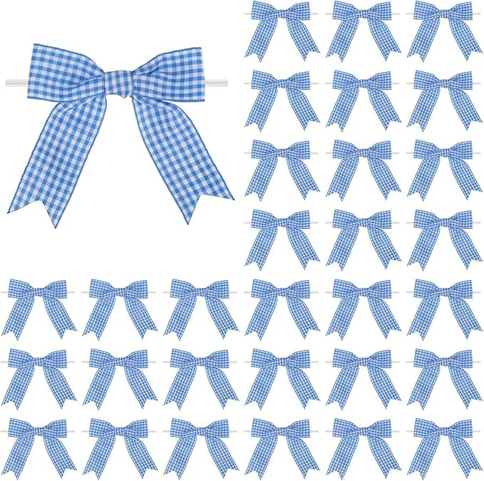 30 Pcs 3.5 Inches Gingham Ribbon Bows with Twist Tie Blue and White Buffalo Check Premade Craft B... | Amazon (US)