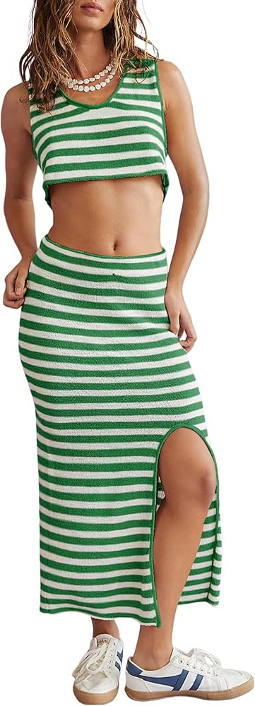 Watashi Womens Two Piece Sets Bodycon Dresses Striped Color Block Split Dress Midi Skirt Suits Sw... | Amazon (US)
