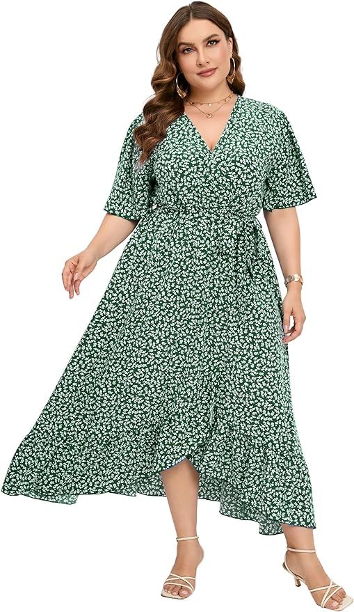 KOJOOIN Plus Size Dress Women's Plus Size Floral Summer Dress Casual Wrap V Neck A Line Ruffle Be... | Amazon (US)