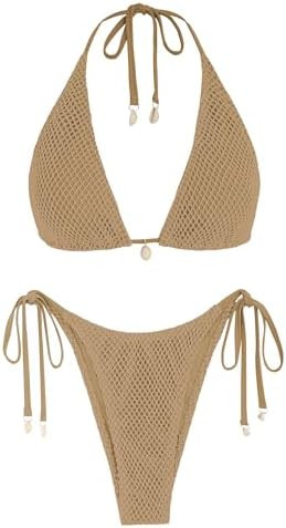 ZAFUL Women's Triangle Bikini Multiway Fishnet Tie Side Bandeau Halter String Bikini Set Two Piec... | Amazon (US)