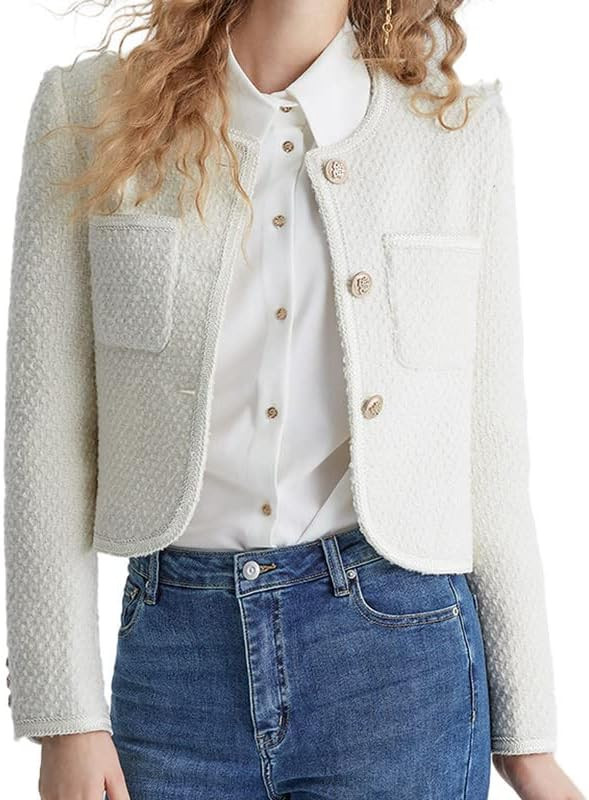 Women's Casual Business Cropped Tweed Blazers Jacket with Pocket Slim Fit Long Sleeve Short Suit ... | Amazon (US)