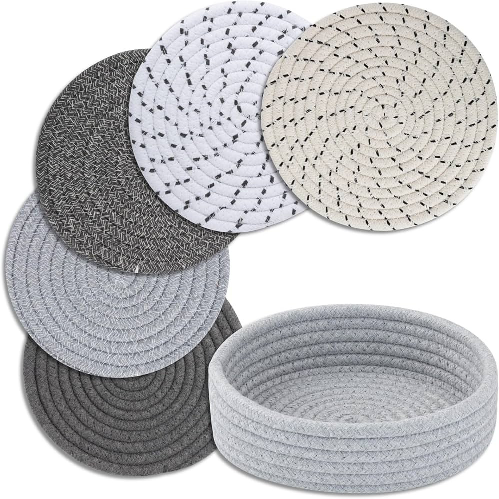 Trivets for Hot Dishes, Trivets for Hot Pots and Pans, Cotton Coasters 5 Pcs and Storage Basket 1... | Amazon (US)
