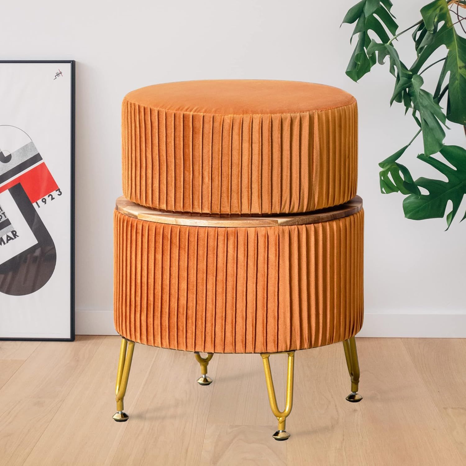 Pumpkin Brown Vanity Stool Chair with Storage, Round Velvet Ottoman Foot Rest, Multifunctional Si... | Amazon (US)
