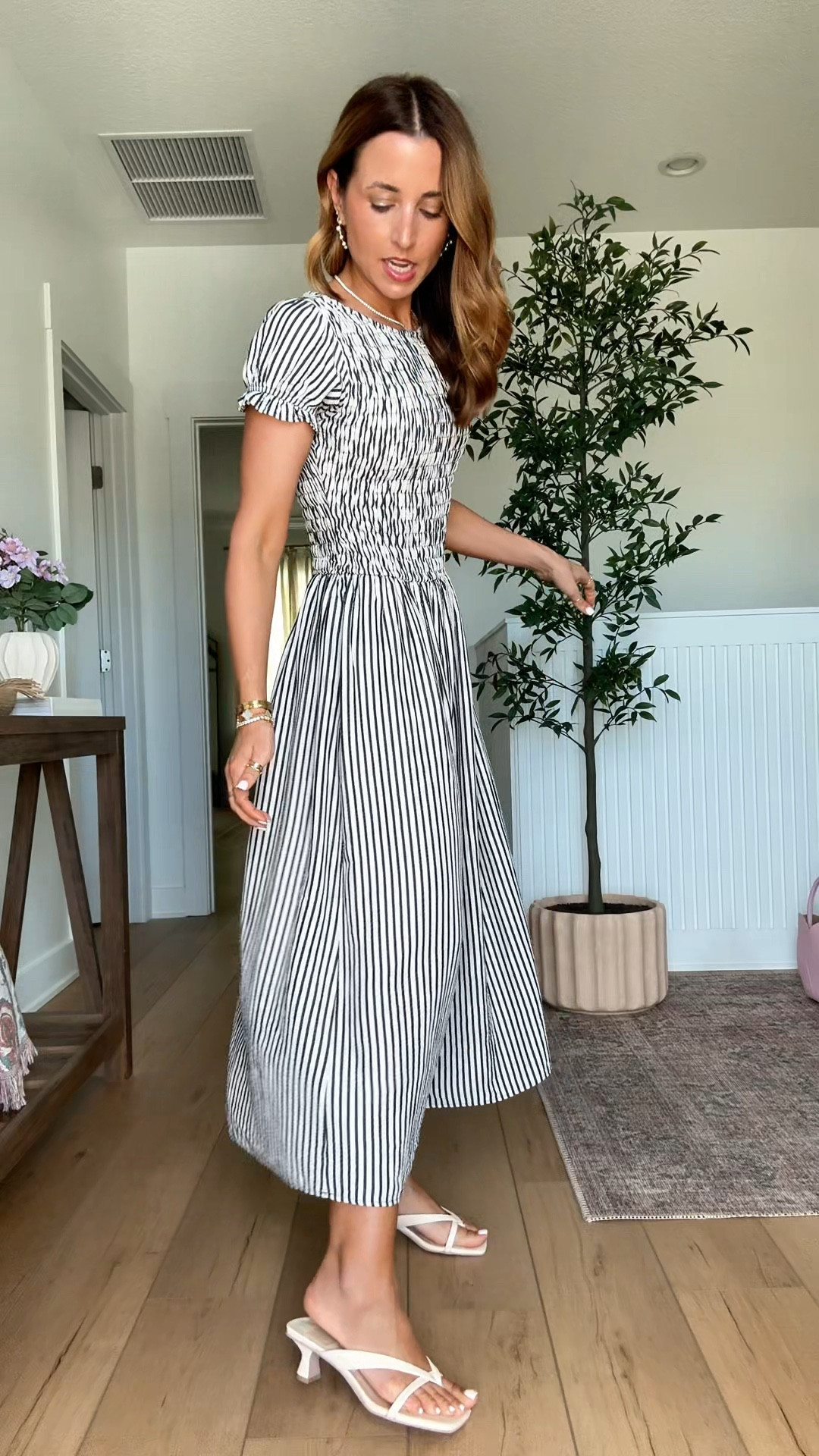 My church #ootd! I love this striped dress from Anthropologie in XXS petite! Smocked and stretchy on top. Spring dress. Coastal dress. Vacation dress. Resort wear. Resort outfit. Coastal outfit. Easter dress. 

#LTKootd #LTKPetite #LTKTravel