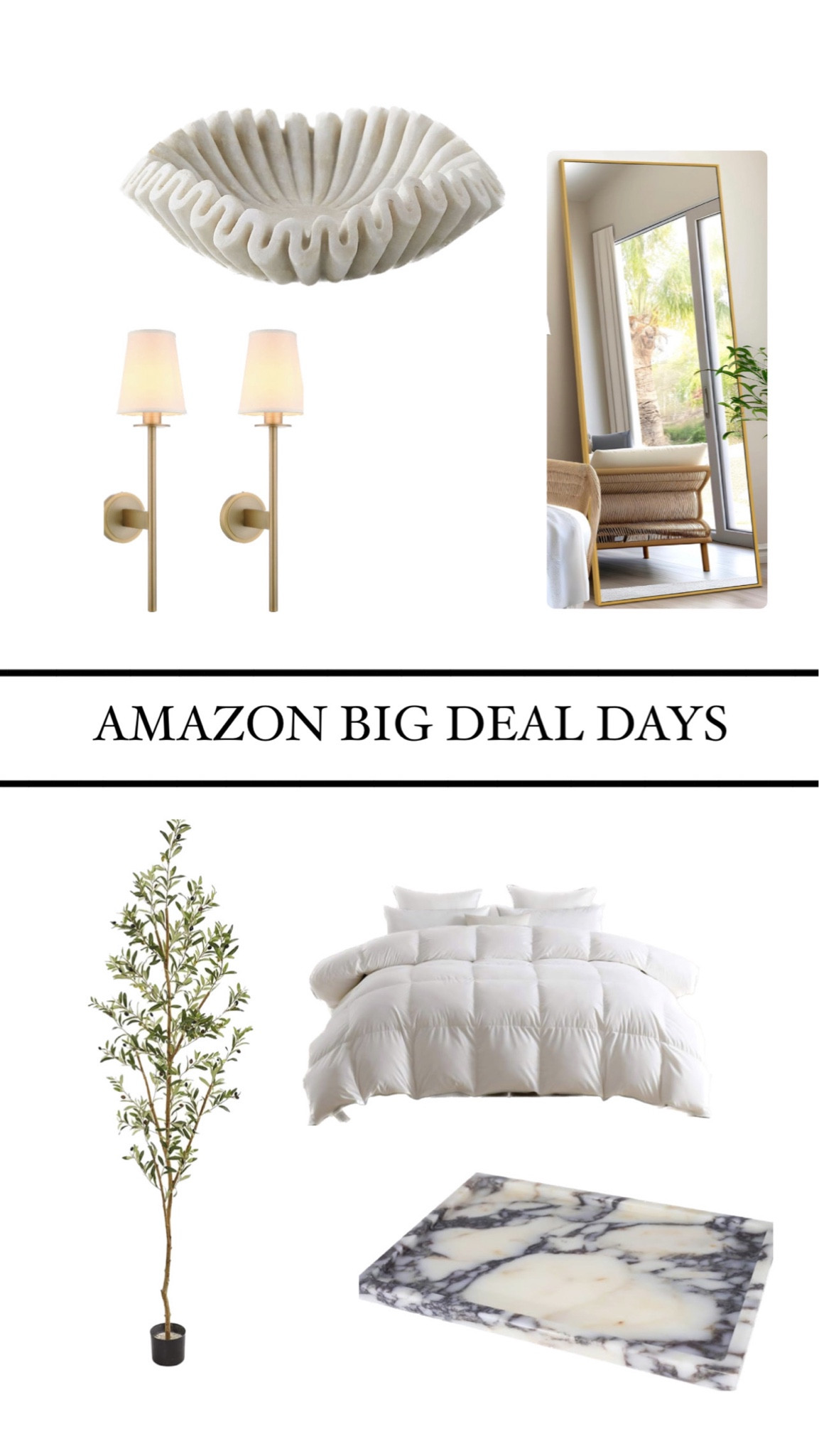 Amazon big deal days 
Amazon home deals 
Duvet insert 
Wall scones 
Full length mirror 
Faux plant 
Decorative bowl 

#LTKsalealert #LTKxPrime #LTKhome