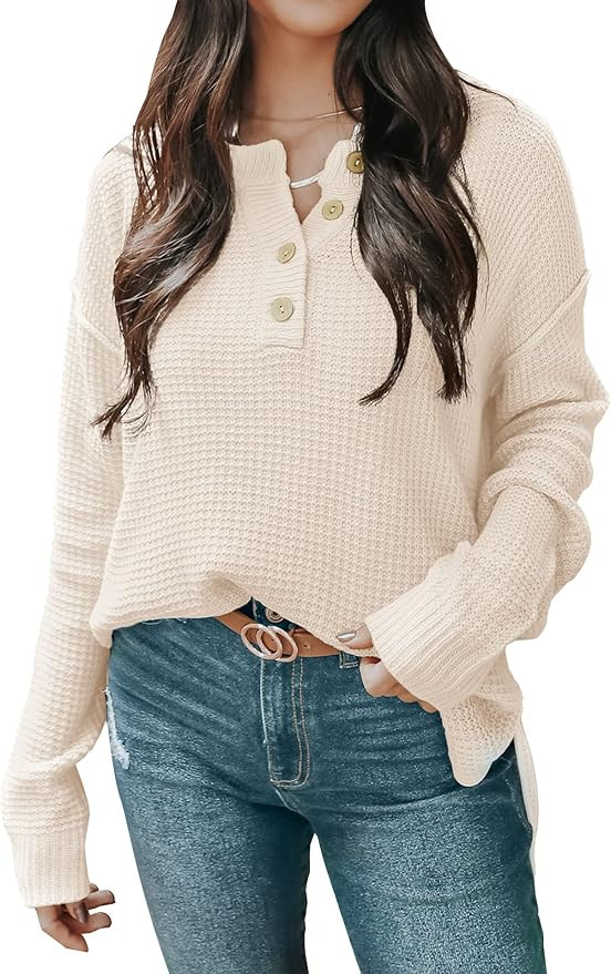 ZESICA Women's Waffle Knit V Neck Sweater Casual Long Sleeve Side Slit Button Henley Pullover Jum... | Amazon (US)