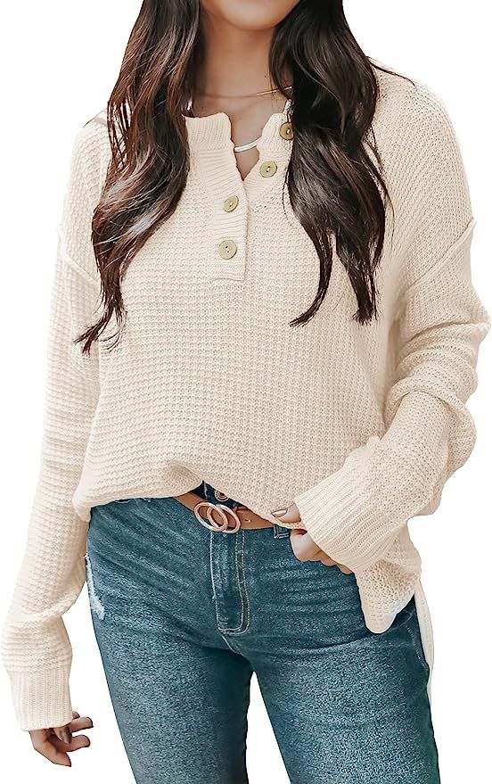 ZESICA Women's Waffle Knit V Neck Sweater Casual Long Sleeve Side Slit Button Henley Pullover Jum... | Amazon (US)