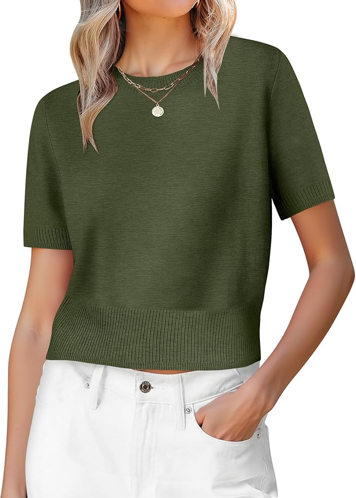 ANRABESS Womens Short Sleeve Sweaters Cropped Crew Neck Business Casual Lightweight Sweater Tops ... | Amazon (US)