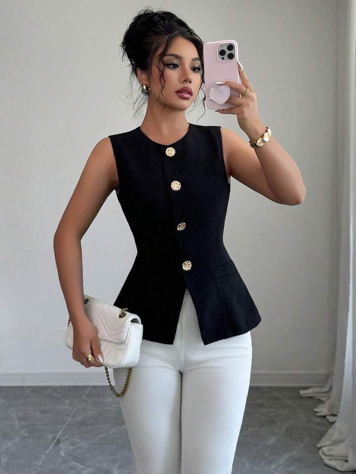 Gloray Fashionable Sleeveless Waist Cinched Black Jacket With Gold Button Decoration, Versatile Daily Wear, Spring/Summer | SHEIN