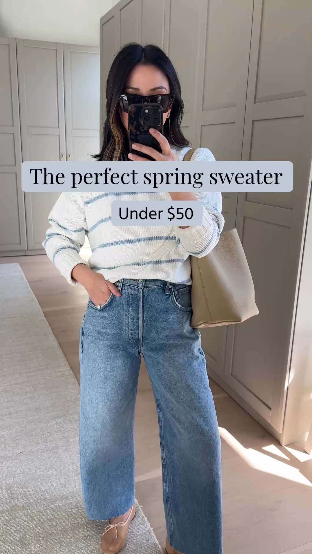 Spring outfits. 

Love this sweater! Comes in several colors & under $50.

Quince sweater small - selling out fast, linking other baby blue sweaters. 
Everlane box cut tee
Citizens of Humanity Ayla jeans  24 - Size down
Loeffler Randall flats 5 - need the 5.5. Also run narrow
The Row Park tote medium
Celine sunglasses
Quince earrings
Dorsey James necklace 15"

Petite style, spring outfits 2026, spring style 

#LTKPetite #LTKootd #LTKmomlife