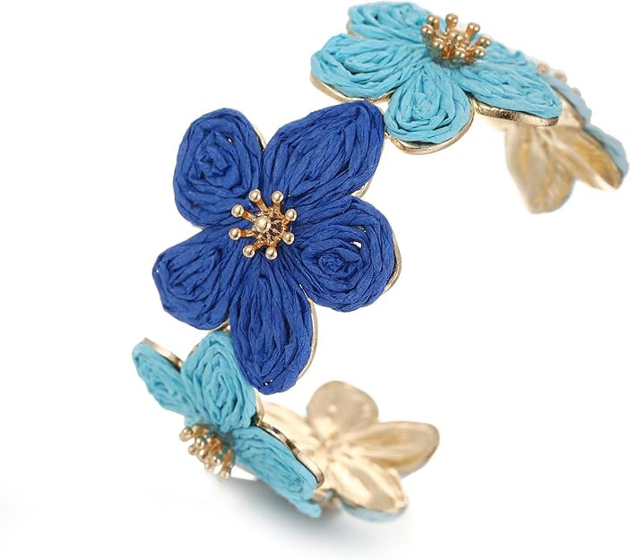 Raffia Flower Cuff Bracelet for Women, Floral Chunky Bangle Wide Open Cuff Statement Bracelet | Amazon (US)