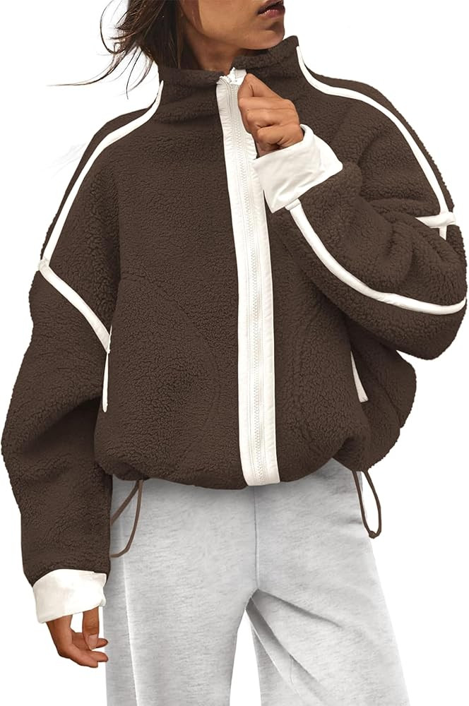 Womens Fleece Jacket Zip Up Long Sleeve Sherpa Jackets Trendy Contrast Coats Winter Outerwears wi... | Amazon (US)
