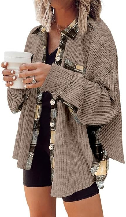 SHEWIN Womens Waffle Knit Plaid Shacket Boyfriend Button Down Shirt Jacket Loose Long Sleeve Tops | Amazon (US)