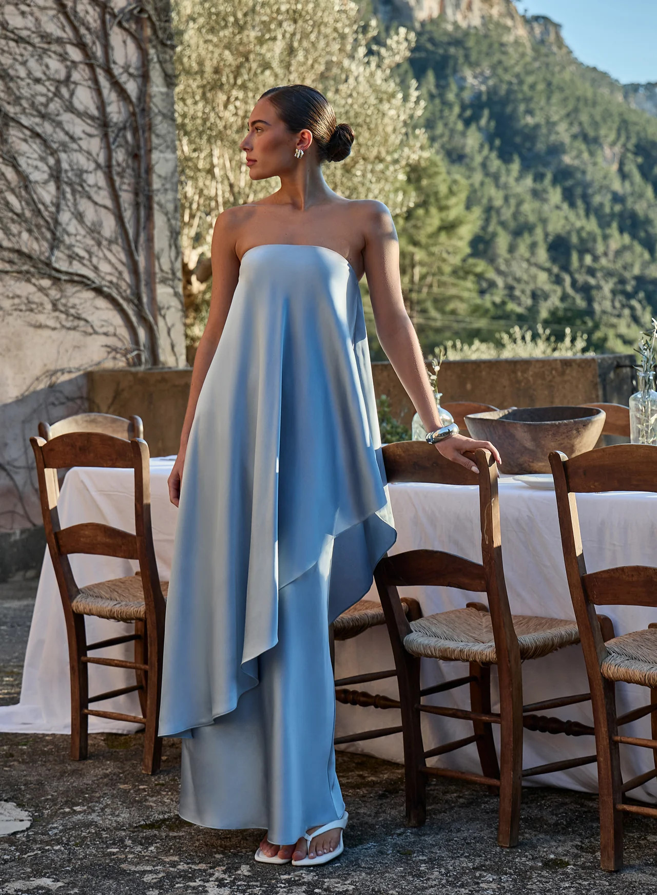 Women's Blue Asymmetric Bandeau Satin Maxi Dress | Elouise | 4th & Reckless | 4th & Reckless