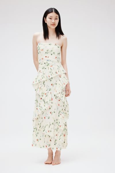 Frill-trimmed bandeau dress - White/Floral - Ladies | H&M GB | H&M (UK, MY, IN, SG, PH, TW, HK)