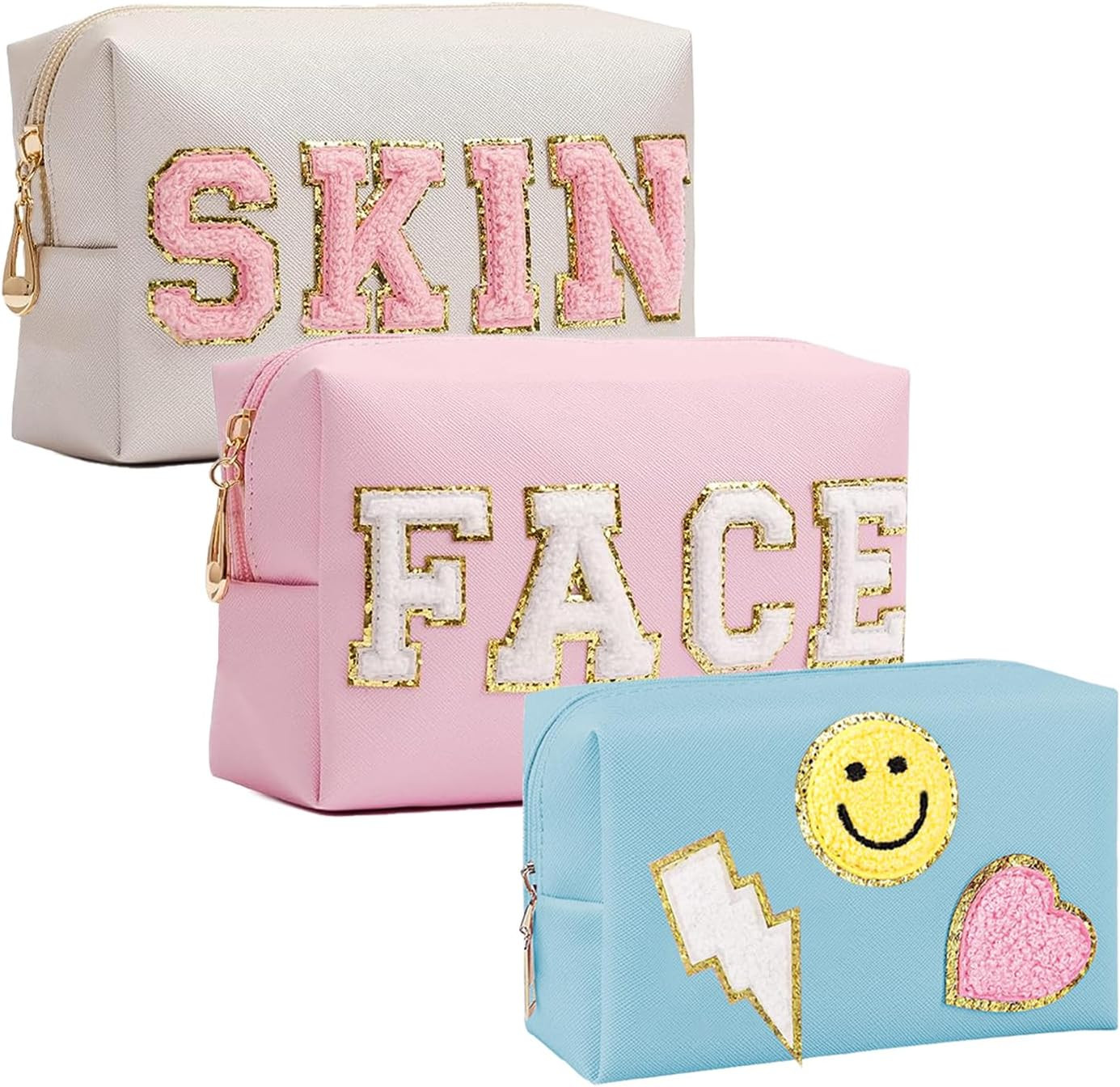 GEMLORD 3 Pieces Preppy Patch Makeup Bag, Small Chenille Letter Cosmetic Bag, PU Leather Waterpro... | Amazon (US)