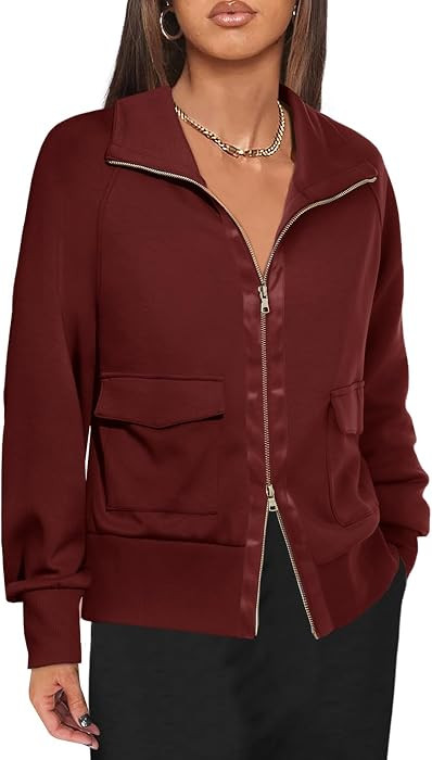 Fisoew Women's Zip up Sweatshirt Collared Neck Long Sleeve Loose Casual Lightweight Jacket with P... | Amazon (US)