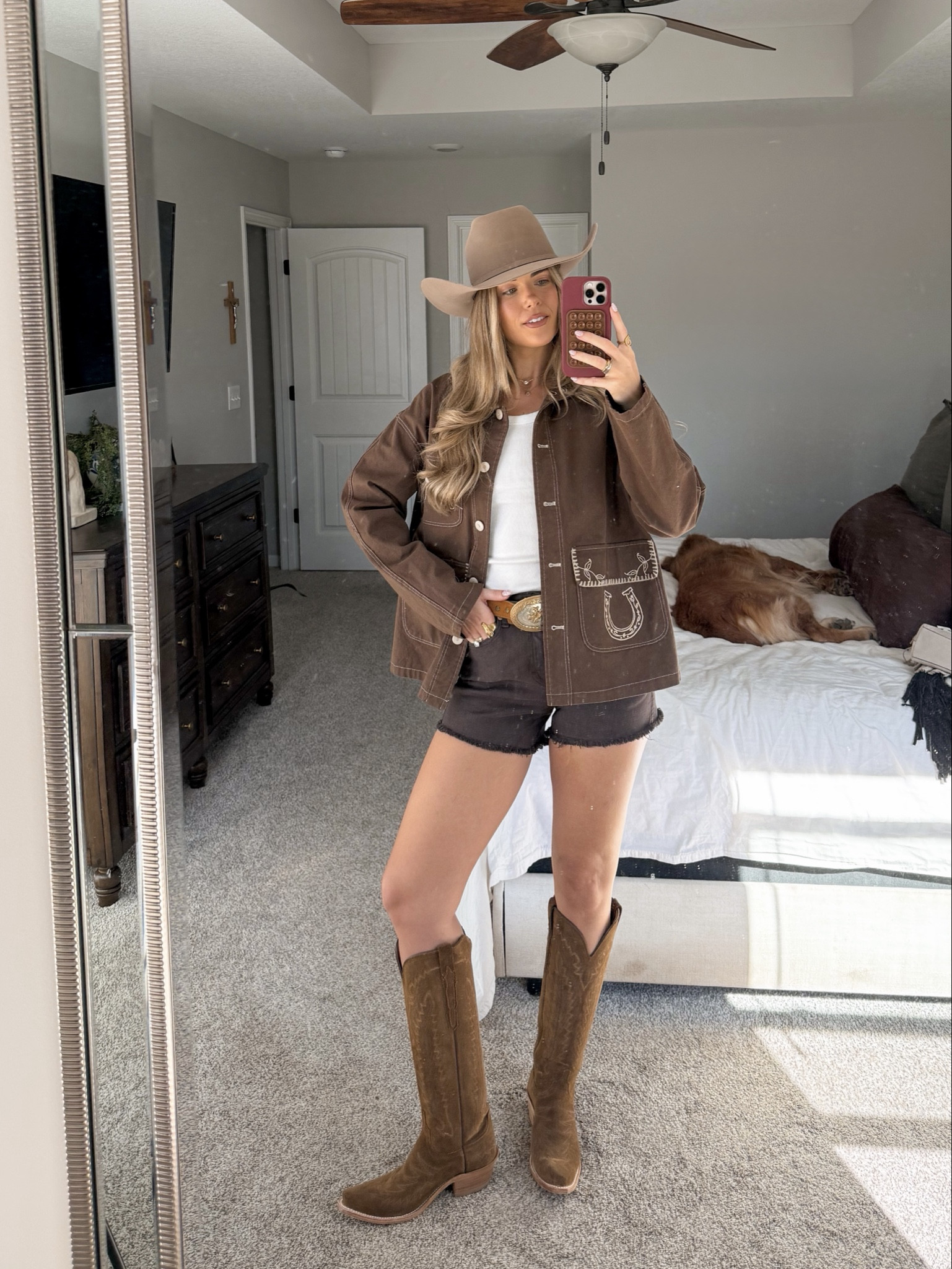 brown shorts in a 26, cowboy boots run true to size, jacket is from fashion nova “ Wild Wild West Shacket” in a small, belt is vintage, size small in tank top 

rodeo outfit, western outfit, country concert 

#LTKTall #LTKootd #LTKgrwm