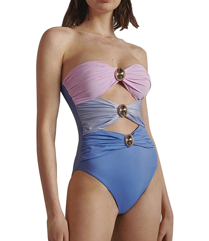 SherryDC Women's Cutout One Piece Swimsuit Bandeau Ruched Color Block High Waisted Bathing Suit w... | Amazon (US)