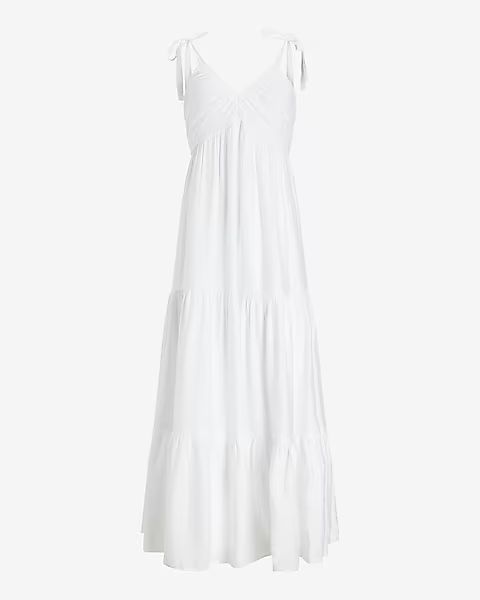 Ruched V-Neck Tiered Maxi Dress | Express