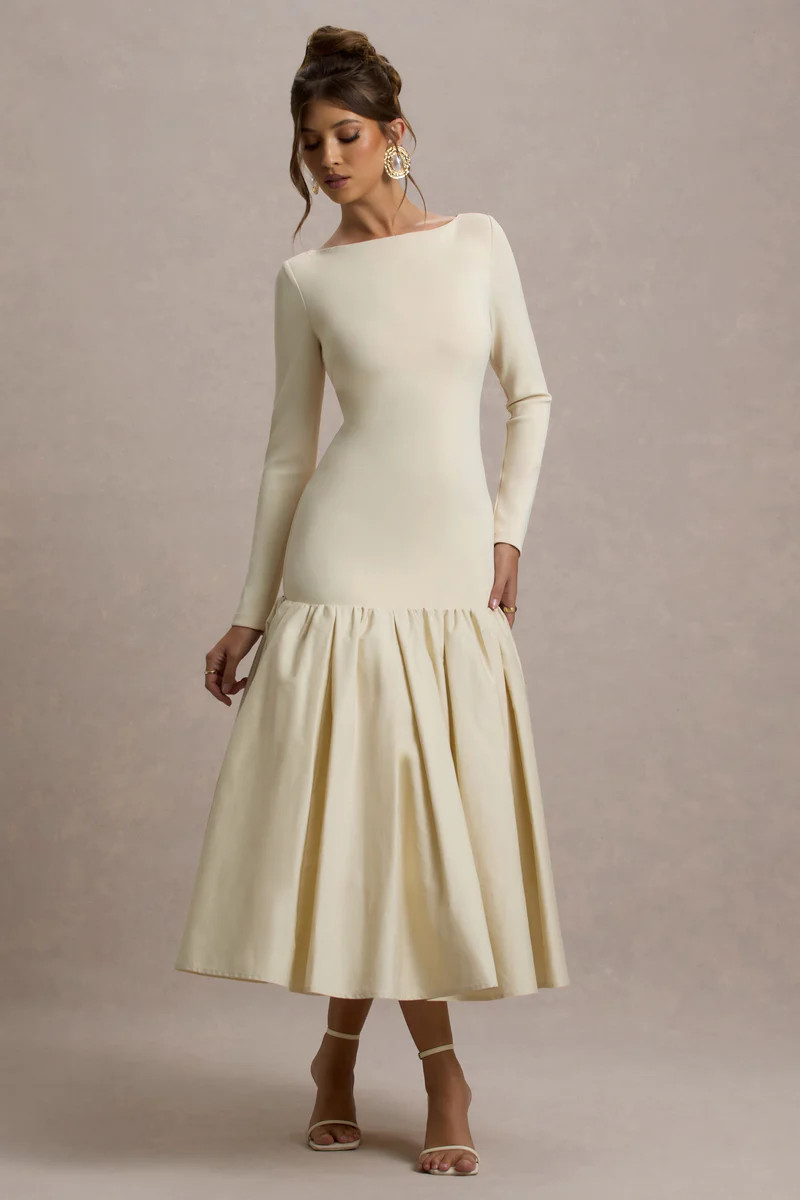 Perpetua | Cream Drop-Waist Midi Dress With Volume Skirt | Club L London