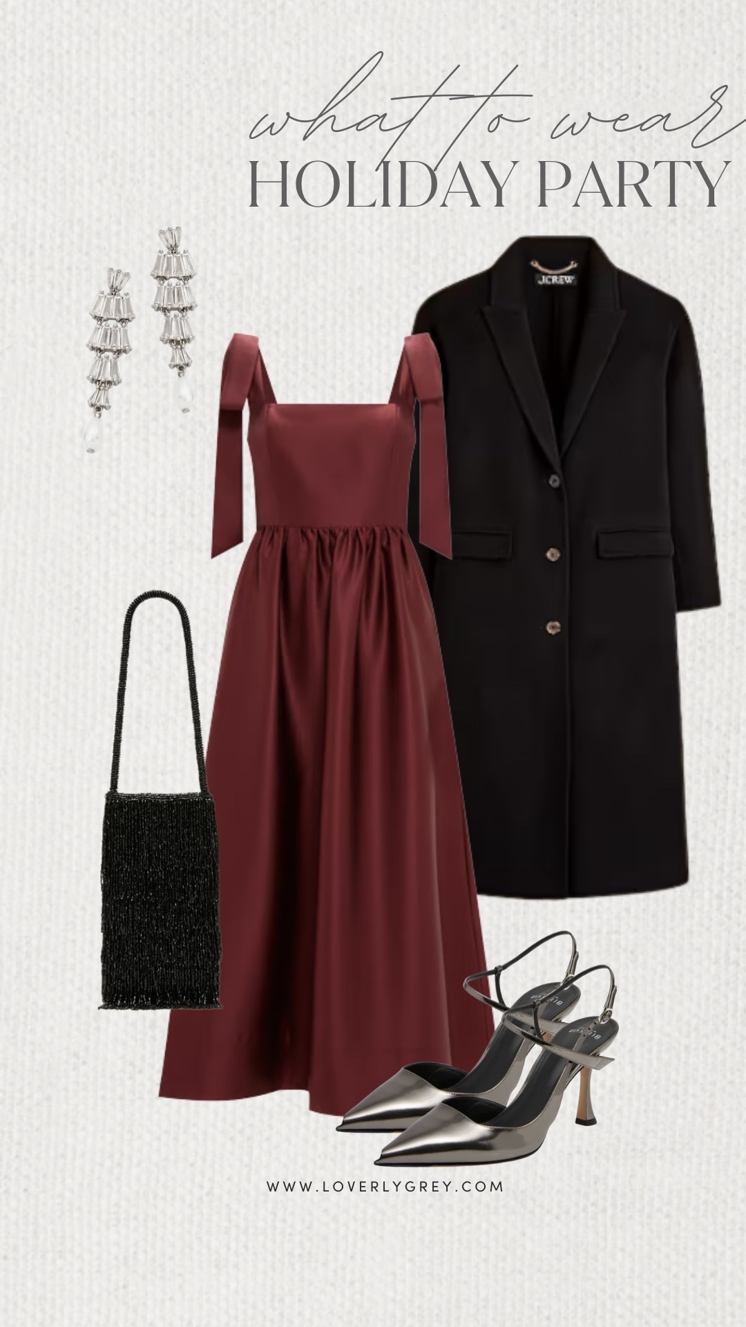 Loverly Grey, what to wear to a holiday party! I am loving this dark red dress from Tuckernuck. I would pair the look with a long J.Crew black coat, metallic heels, and a beaded purse. Complete the look with sparkly earrings for that final holiday touch! Loverly Grey, what to wear, holiday party 

#LTKSeasonal #LTKHoliday #LTKgrwm