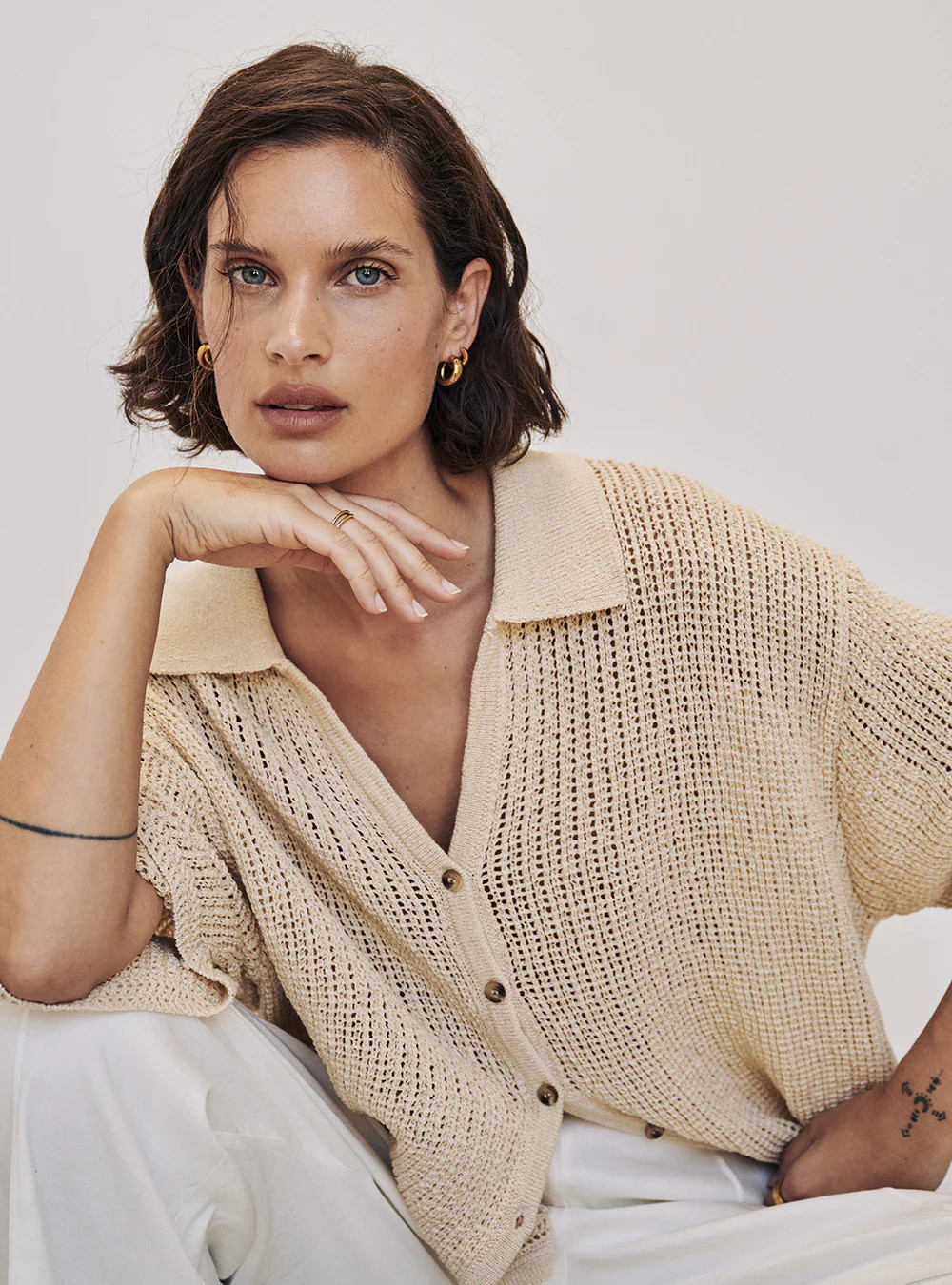 MARGOT WHEAT KNIT CROCHET SHIRT | DISSH