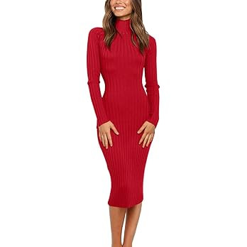 MEROKEETY Women's 2024 Ribbed Long Sleeve Sweater Dress High Neck Slim Fit Knitted Midi Dress | Amazon (US)