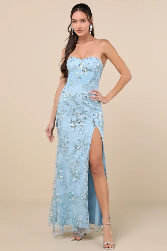 Confident Sensation Blue Sequin Strapless Bustier Maxi Dress | Lulus