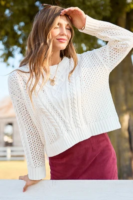 Signature Style Cable Knit Crew Neck Sweater - White SALE | Pink Lily