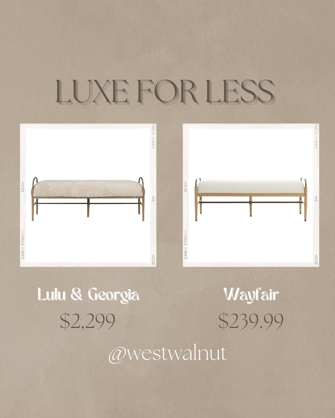 Metal Frame Bench Luxe For Less

On the left is the Demi Bench from Lulu & Georgia. This bench is constructed with high quality materials; metal, poplar engineered wood, solid ash wood, fabric and , Poplar Engineered Wood, Solid Ash Wood, Fabric, and 100% unshorn sheepskin. 
Dimensions: 60"W x 20"D x 23.25"H

On the right is the Modern Bench With Metal Frame from Wayfair. This bench features a very similar overall aesthetic but it constructed with more affordable materials such as polyester.
Dimensions: 20.87'' x H X 55.12'' W x 17.72'' D

#luxeforless #modernbench #affordablehomedecor

#LTKHome