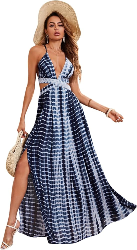 SheIn Women's Tie Dye Boho Deep V Neck Split Crisscross Tied Backless Sexy Long Maxi Cami Dress | Amazon (US)