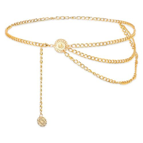 Multilayer Metal Waist Chain Belt for Women, Fashion Multilayer Adjustable Women Gold Long Belt Body Belly Jewelry for Dresses Jeans Trousers | Amazon (US)